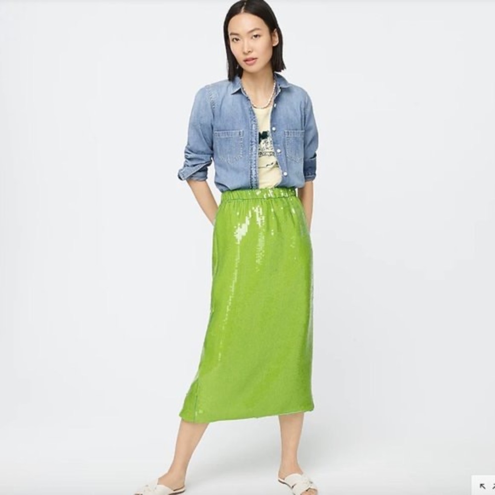 J. Crew Collection Sequin Pull-On Midi Skirt—Size M, Electric Green